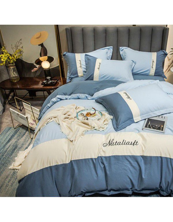 spring and autumn simple solid color washed cotton four piece set color contrast splicing household fitted sheet 1.8m dormitory supplies wholesale
