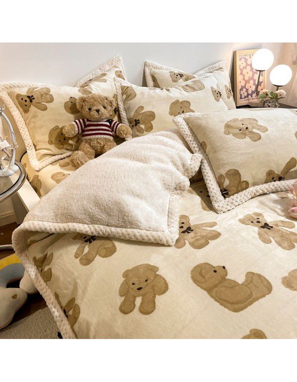 Thickened Milk Cashmere Bed 4-Piece Lamb Cashmere Checker Quilt Cover Winter Coral Cashmere Bedding Piece 3-Piece Men's Sheet Set