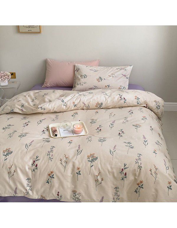 Nantong Xiaoqingxin Floral Four piece Set 100% Cotton Bedding Sheet and Quilt Cover Dormitory Three piece Nude Sleeping Set