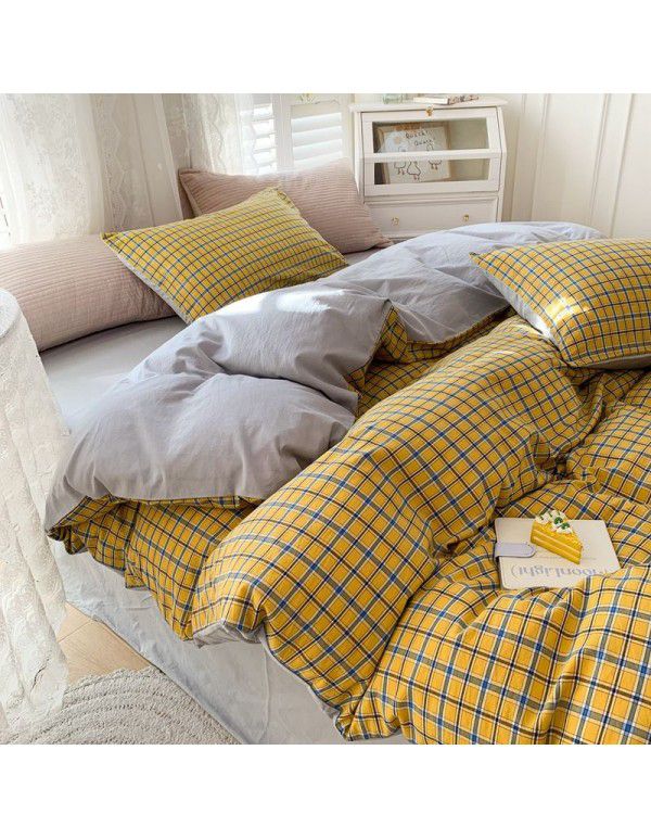 Cotton Yarn dyed Washed Cotton Four Piece Set Pure Cotton Printless Manufacturer Direct Sales Bedding, Quilt Cover, Japanese Style Good Fitted Sheet Wholesale