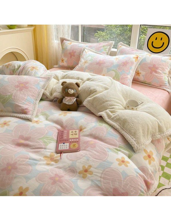 Ins Winter Milk Wool 4-Piece Rabbit Wool Quilt Cover Sheet Pastoral Warm Upset Double Sided Wool Bedding 4