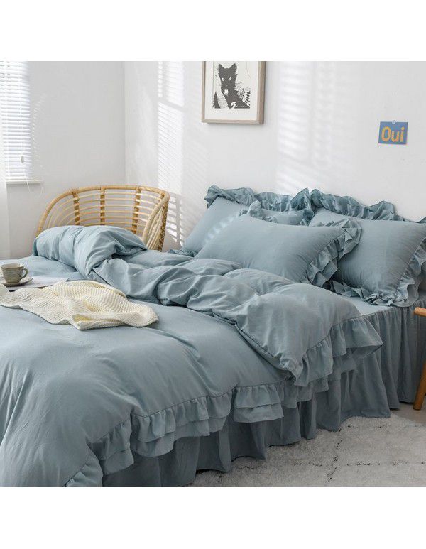 Ins girl's heart wash cotton bed skirt four piece princess style bed sheet quilt cover three piece 1.5/1.8m bed 