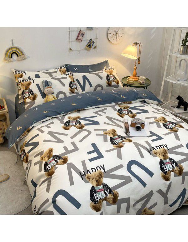 Four piece set in bed, all cotton Nordic style four piece set, 100 cotton spring and autumn bed sheet, fitted sheet, single dormitory set