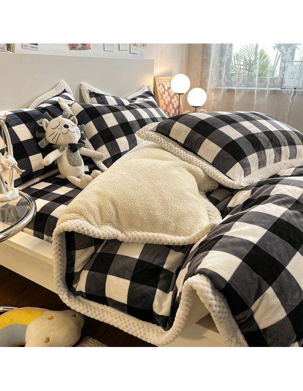 Thickened Milk Cashmere Bed 4-Piece Lamb Cashmere Checker Quilt Cover Winter Coral Cashmere Bedding Piece 3-Piece Men's Sheet Set