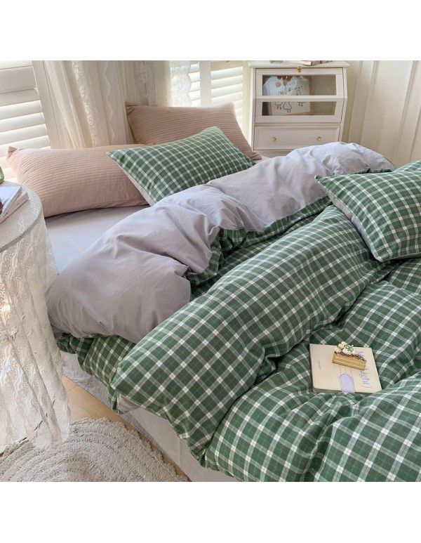 Cotton Yarn dyed Washed Cotton Four Piece Set Pure Cotton Printless Manufacturer Direct Sales Bedding, Quilt Cover, Japanese Style Good Fitted Sheet Wholesale