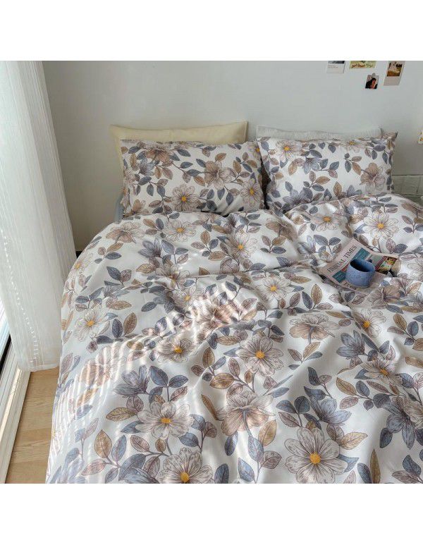 Nantong Xiaoqingxin Floral Four piece Set 100% Cotton Bedding Sheet and Quilt Cover Dormitory Three piece Nude Sleeping Set