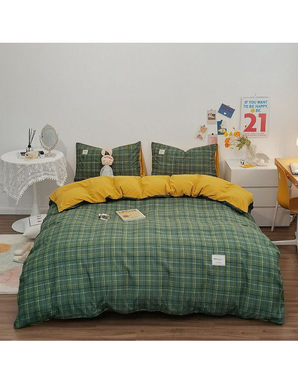 Japanese non printing washing cotton buffing bed four piece set student dormitory bed sheet quilt cover three piece fitted sheet wholesale