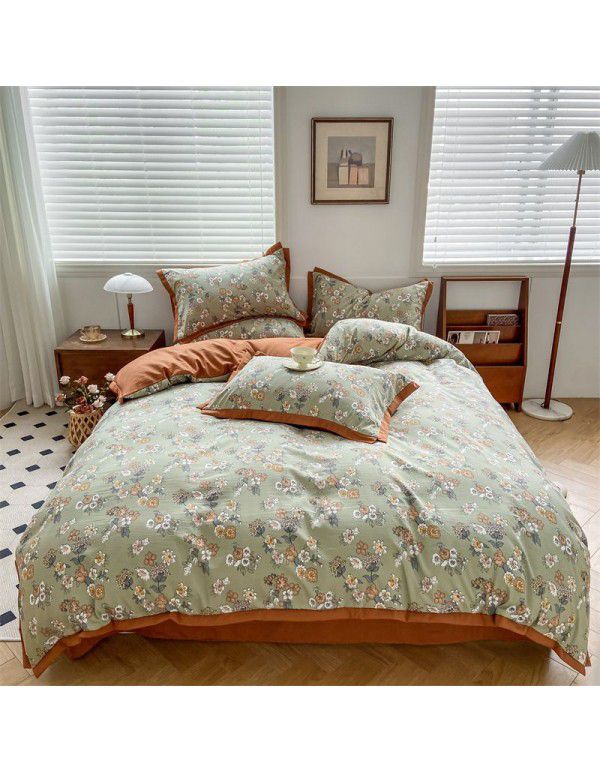 New Autumn and Winter Pure Class A Washed Cotton and Hemp 4-Piece Double Layer Yarn Cotton Small Fresh Quilt Cover Flat Sheet Live Broadcast Hot Sale