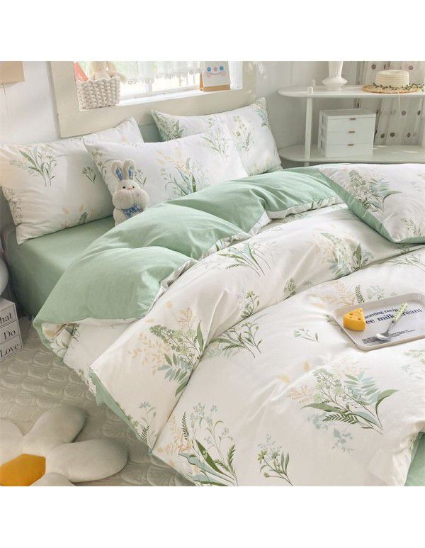 Mengjiuran 60 Thread Count Small Fresh Cotton 4-Piece Set Autumn and Winter Cotton 3-Piece Dormitory Flat Sheet Quilt Cover Fitted Sheet