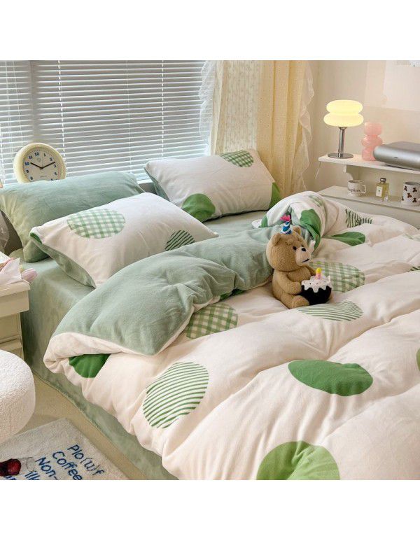 Ins fresh tulip milk velvet four piece set floral coral velvet bed sheet winter thickened quilt cover warm bed