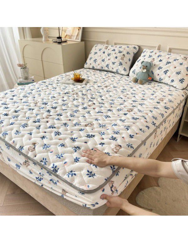 Autumn and winter new class A milk velvet fitted sheet, soybean antibacterial cotton clip thickened bedspread, Farai velvet warm protective cover