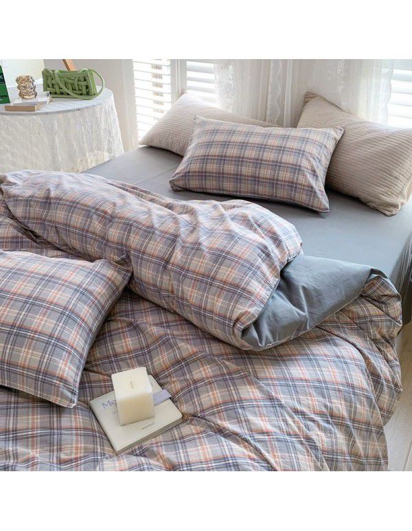 Cotton Yarn dyed Washed Cotton Four Piece Set Pure Cotton Printless Manufacturer Direct Sales Bedding, Quilt Cover, Japanese Style Good Fitted Sheet Wholesale