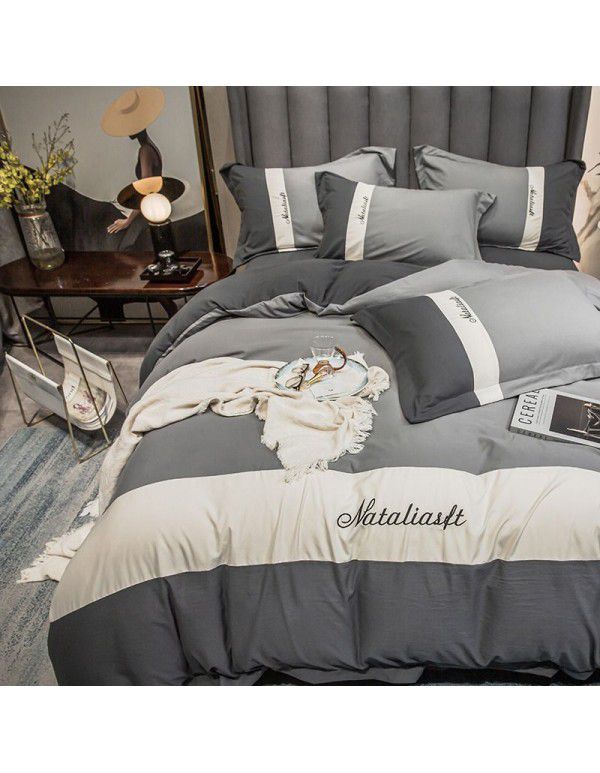 spring and autumn simple solid color washed cotton four piece set color contrast splicing household fitted sheet 1.8m dormitory supplies wholesale