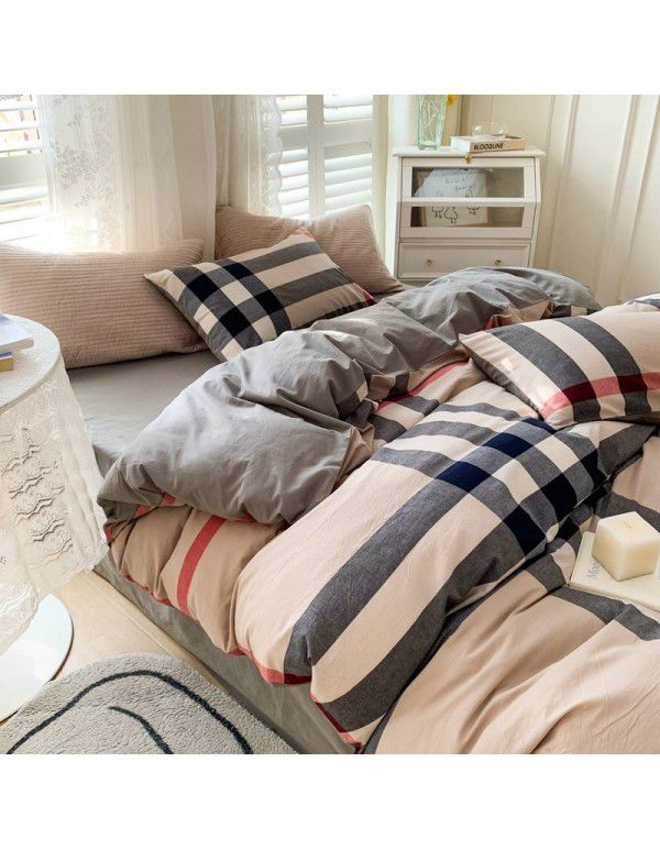Cotton Yarn dyed Washed Cotton Four Piece Set Pure Cotton Printless Manufacturer Direct Sales Bedding, Quilt Cover, Japanese Style Good Fitted Sheet Wholesale