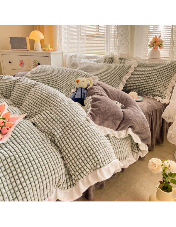 In winter, Korean version thickened princess style milk velvet four piece set, Jane lattice lace warm bed sheet, quilt cover, student three piece set