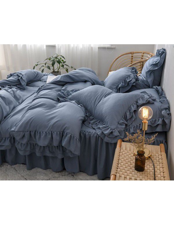 Ins girl's heart wash cotton bed skirt four piece princess style bed sheet quilt cover three piece 1.5/1.8m bed 