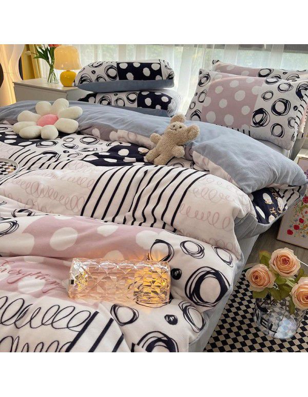 Autumn and winter cartoon small fresh milk velvet four piece set plush double faced plush thickened bed sheet quilt cover bed three piece set