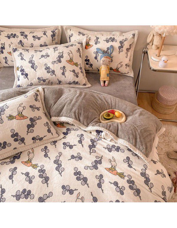 Ins Winter Milk Wool 4-Piece Rabbit Wool Quilt Cover Sheet Pastoral Warm Upset Double Sided Wool Bedding 4