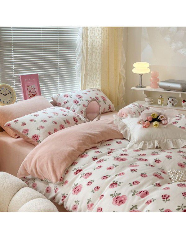 Ins fresh tulip milk velvet four piece set floral coral velvet bed sheet winter thickened quilt cover warm bed