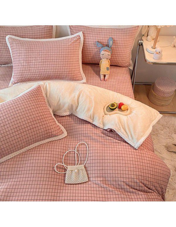 Ins Winter Milk Wool 4-Piece Rabbit Wool Quilt Cover Sheet Pastoral Warm Upset Double Sided Wool Bedding 4