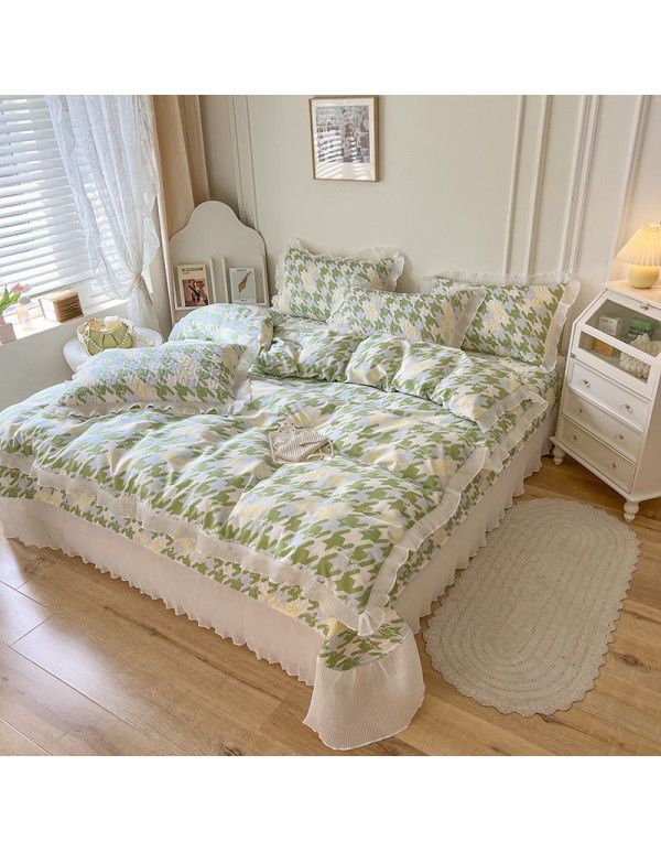 Ins Small fresh pure cotton bed sheet quilt cover fall and winter cotton bed cover three piece quilt fitted sheet four piece quilt cover
