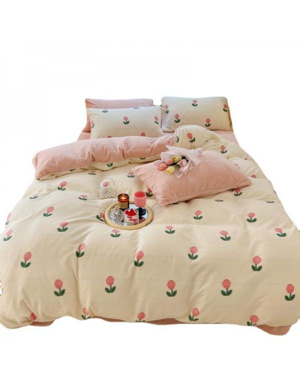 Ins fresh tulip milk velvet four piece set floral coral velvet bed sheet winter thickened quilt cover warm bed