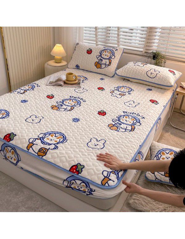 New Milk Down Fitted Sheet One Piece Winter Flange Coral Down Thickened Cotton Fitted Sheet Stuffed Anti slip Protection Mattress