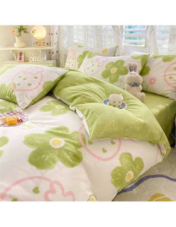 Mengjiuran 60 Thread Count Small Fresh Cotton 4-Piece Set Autumn and Winter Cotton 3-Piece Dormitory Flat Sheet Quilt Cover Fitted Sheet
