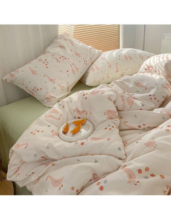 Ins style pure cotton four piece set, all cotton cartoon small fresh bed sheet, fitted sheet, quilt cover, nude sleep, color contrast