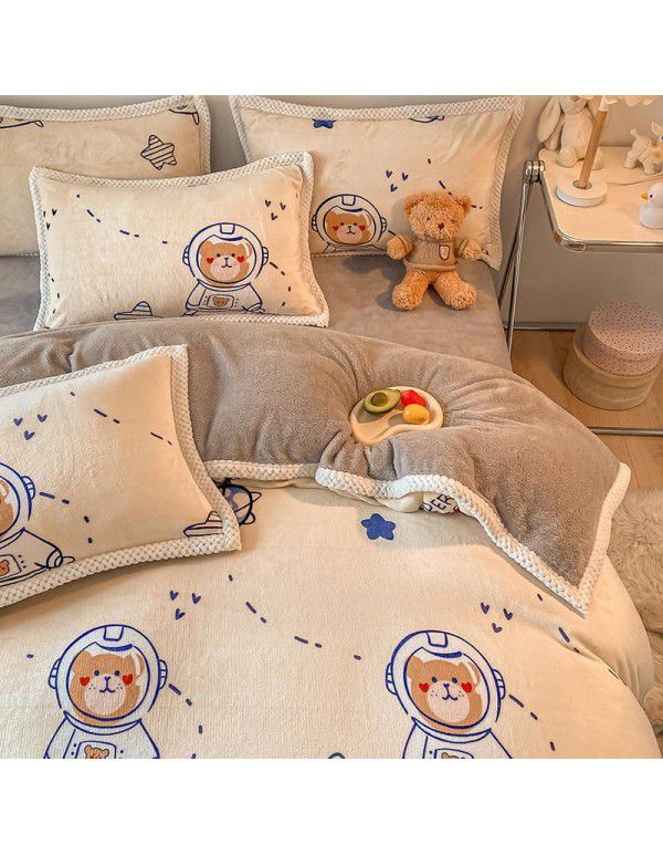 Ins Winter Milk Wool 4-Piece Rabbit Wool Quilt Cover Sheet Pastoral Warm Upset Double Sided Wool Bedding 4
