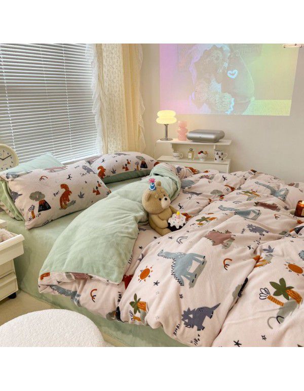 Ins fresh tulip milk velvet four piece set floral coral velvet bed sheet winter thickened quilt cover warm bed