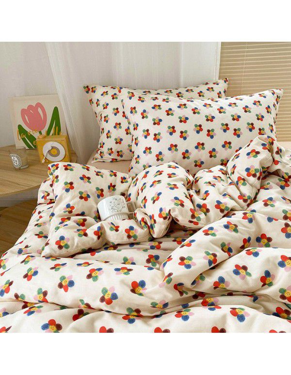 Ins style pure cotton four piece set, all cotton cartoon small fresh bed sheet, fitted sheet, quilt cover, nude sleep, color contrast