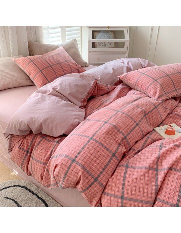 Cotton Yarn dyed Washed Cotton Four Piece Set Pure Cotton Printless Manufacturer Direct Sales Bedding, Quilt Cover, Japanese Style Good Fitted Sheet Wholesale