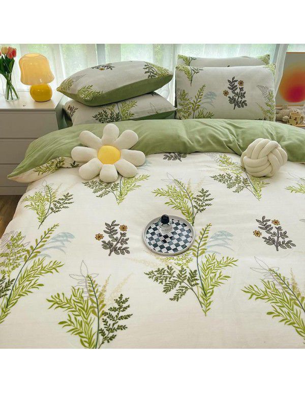 Autumn and winter cartoon small fresh milk velvet four piece set plush double faced plush thickened bed sheet quilt cover bed three piece set