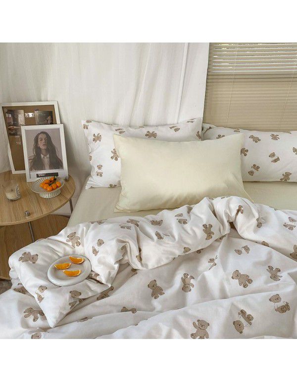 Ins style pure cotton four piece set, all cotton cartoon small fresh bed sheet, fitted sheet, quilt cover, nude sleep, color contrast