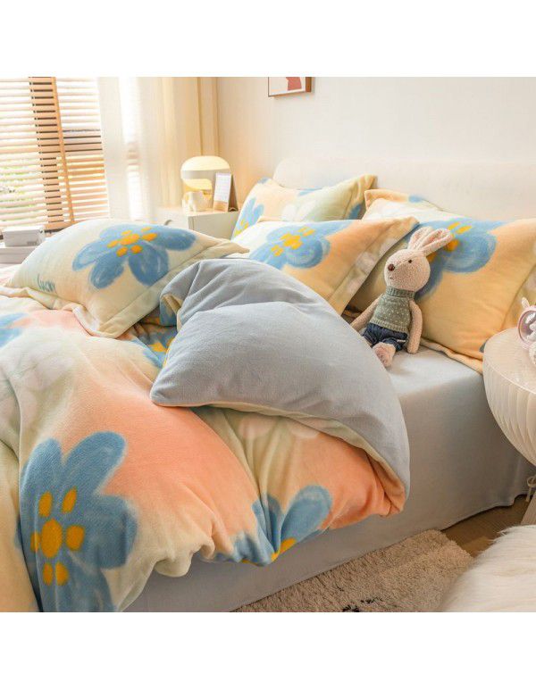 Winter four piece milk velvet thickened warm small fresh flannel quilt cover bedspread bedding live wholesale
