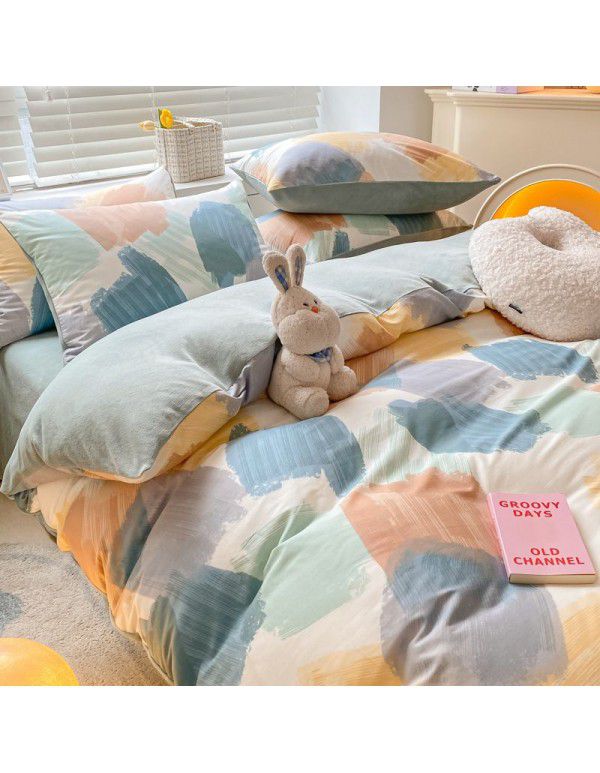 Winter A pure cotton B milk velvet bedding 4-piece set thickened cotton coral velvet quilt cover flange flannel bedspread