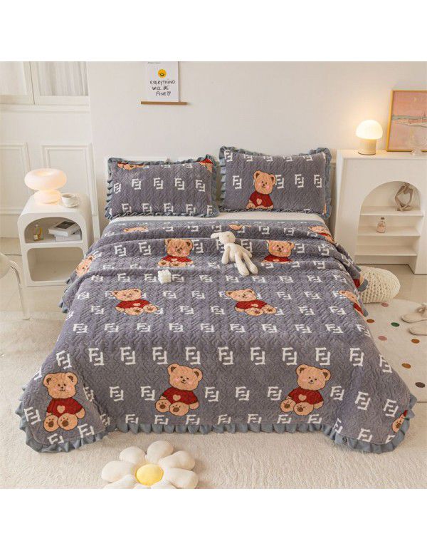 Autumn and winter thickened milk velvet bed cover three piece quilted cotton crystal velvet blanket lace warm blanket sub sheet