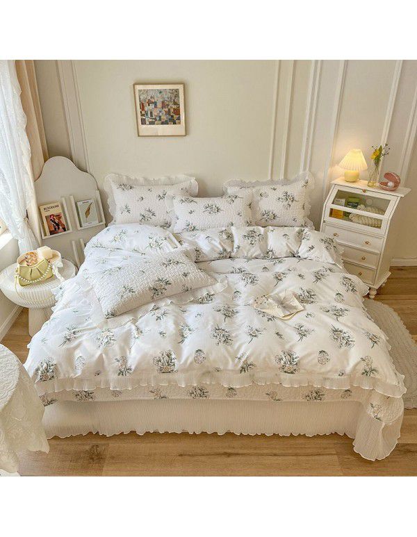 Ins Small fresh pure cotton bed sheet quilt cover fall and winter cotton bed cover three piece quilt fitted sheet four piece quilt cover