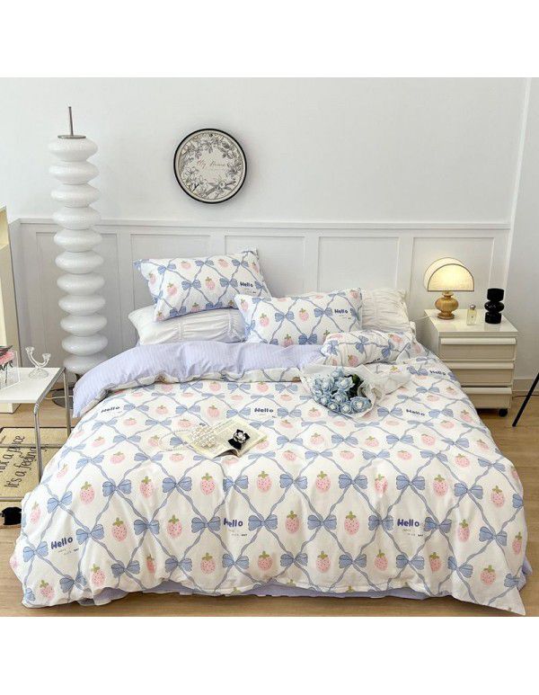 Nantong Xiaoqingxin Floral Four piece Set 100% Cotton Bedding Sheet and Quilt Cover Dormitory Three piece Nude Sleeping Set