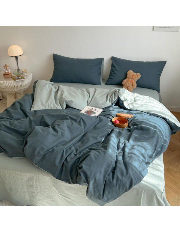 Japanese simple cotton double piece washable cotton four piece set solid color Nordic style cotton quilt cover bed sheet and fitted sheet
