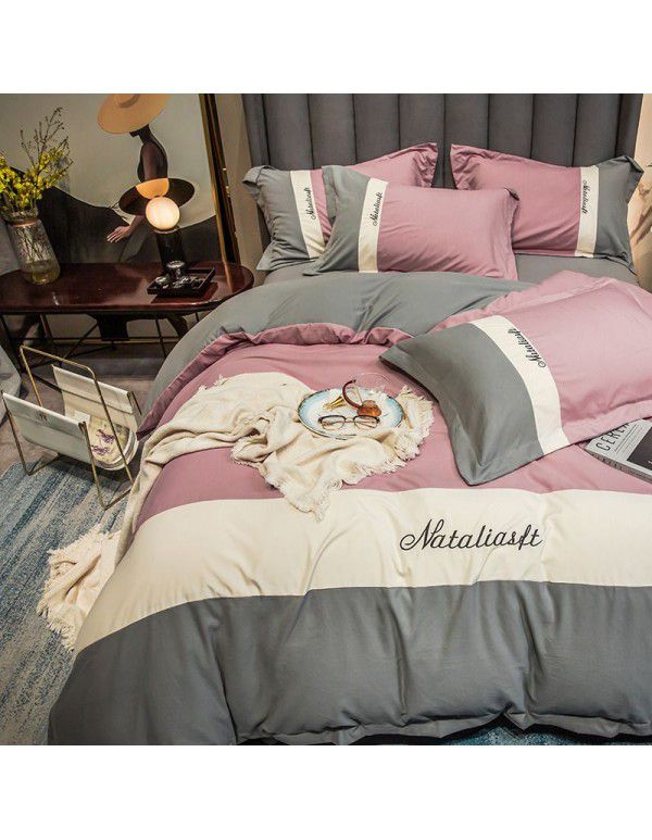 spring and autumn simple solid color washed cotton four piece set color contrast splicing household fitted sheet 1.8m dormitory supplies wholesale