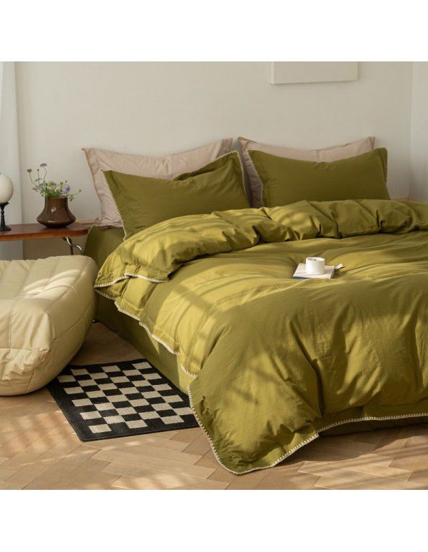 Cross border exclusive supply of pure cotton, long staple cotton, four piece set, pure color, light luxury hotel exclusive supply of folk style, cotton bedding set