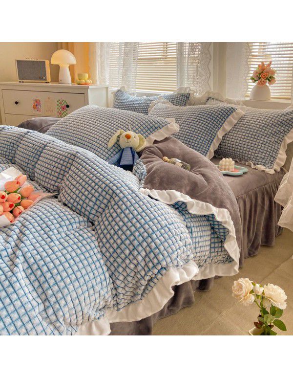 In winter, Korean version thickened princess style milk velvet four piece set, Jane lattice lace warm bed sheet, quilt cover, student three piece set