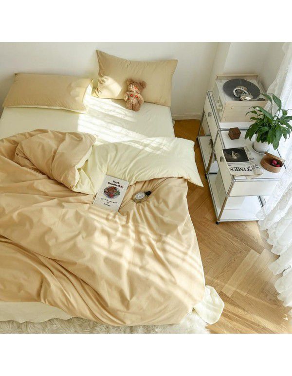 Japanese simple cotton double piece washable cotton four piece set solid color Nordic style cotton quilt cover bed sheet and fitted sheet