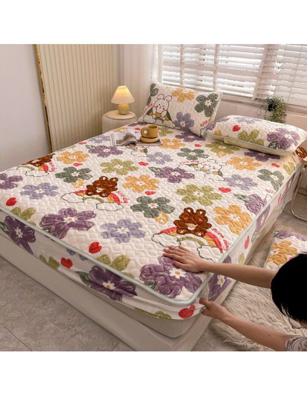New Milk Down Fitted Sheet One Piece Winter Flange Coral Down Thickened Cotton Fitted Sheet Stuffed Anti slip Protection Mattress