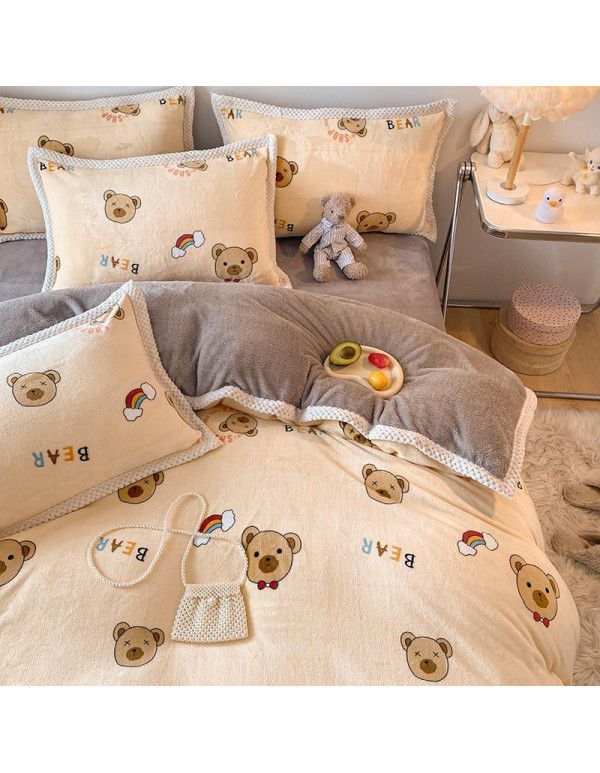 Ins Winter Milk Wool 4-Piece Rabbit Wool Quilt Cover Sheet Pastoral Warm Upset Double Sided Wool Bedding 4