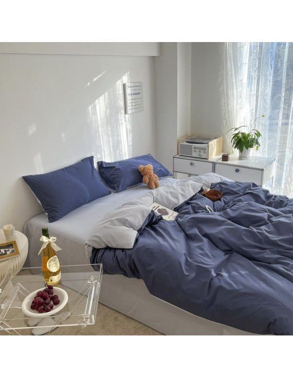 Japanese simple cotton double piece washable cotton four piece set solid color Nordic style cotton quilt cover bed sheet and fitted sheet