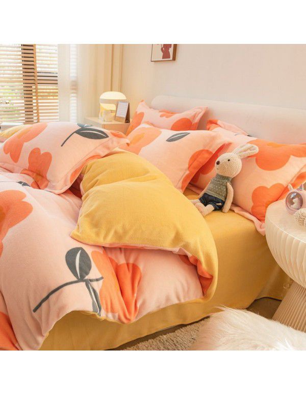 Winter four piece milk velvet thickened warm small fresh flannel quilt cover bedspread bedding live wholesale