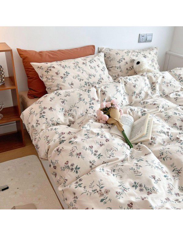 Nantong Xiaoqingxin Floral Four piece Set 100% Cotton Bedding Sheet and Quilt Cover Dormitory Three piece Nude Sleeping Set